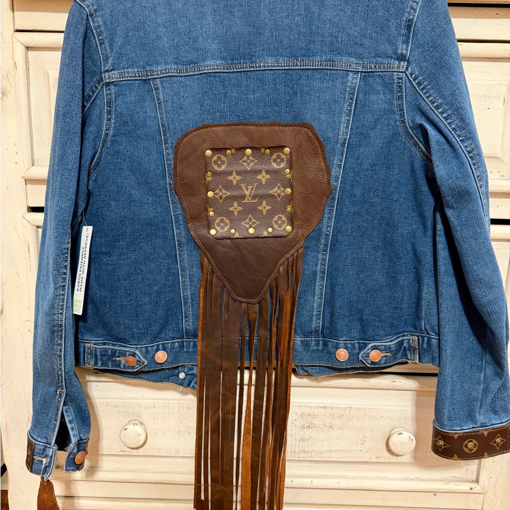Repurposed LV Embellished Demin Jacket With Fringe by Sandra Ling Designs
